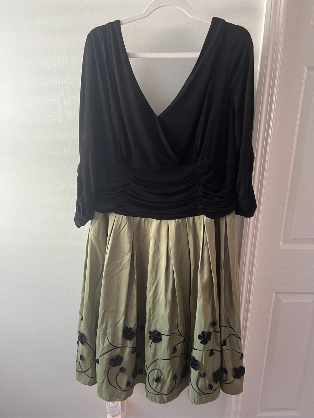 S.L. Fashions Black Top with Olive Green Floral Midi Dress